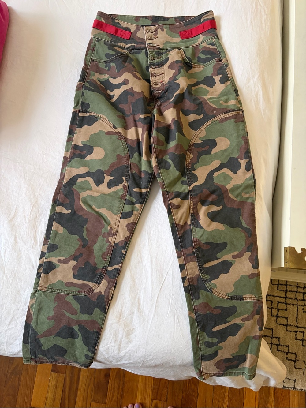 Veronica Beard Camo Straight-Leg Pants with Red Waist Accents